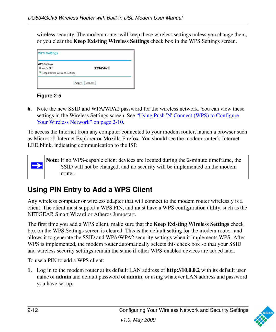 NETGEAR DG834GUV5 user manual Using PIN Entry to Add a WPS Client 