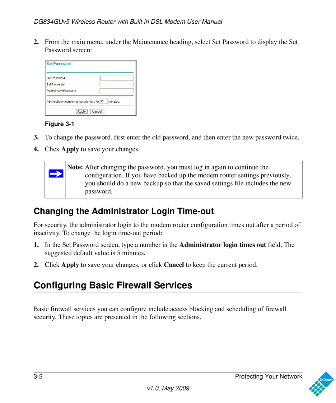 NETGEAR DG834GUV5 user manual Configuring Basic Firewall Services, Changing the Administrator Login Time-out 