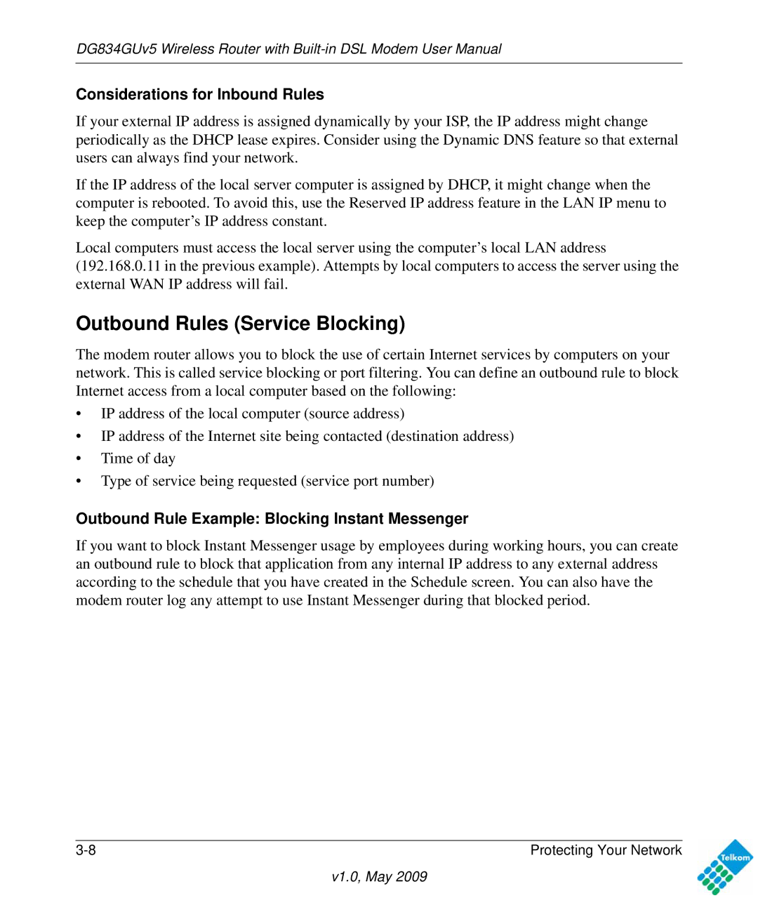 NETGEAR DG834GUV5 user manual Outbound Rules Service Blocking, Considerations for Inbound Rules 