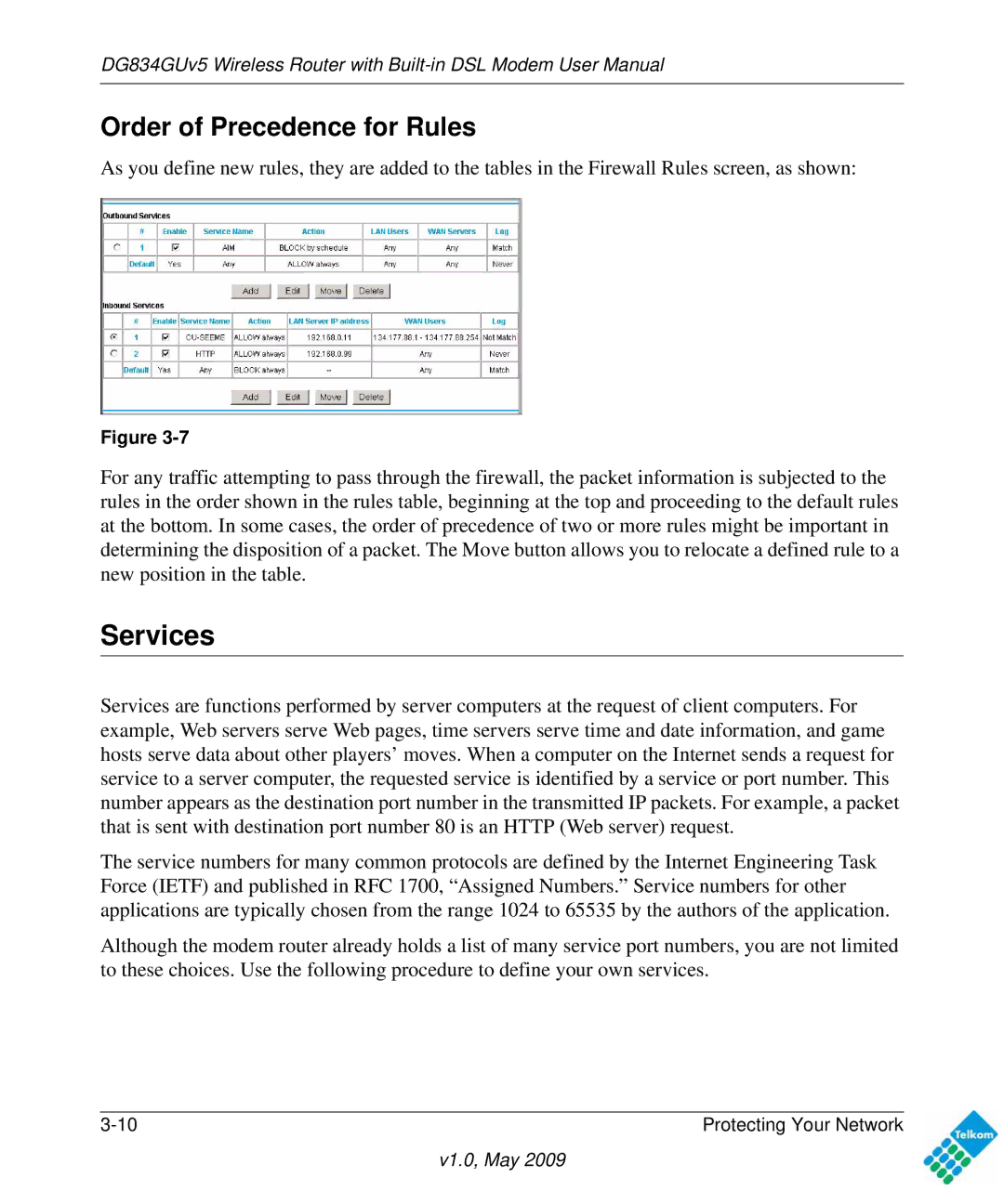 NETGEAR DG834GUV5 user manual Services, Order of Precedence for Rules 