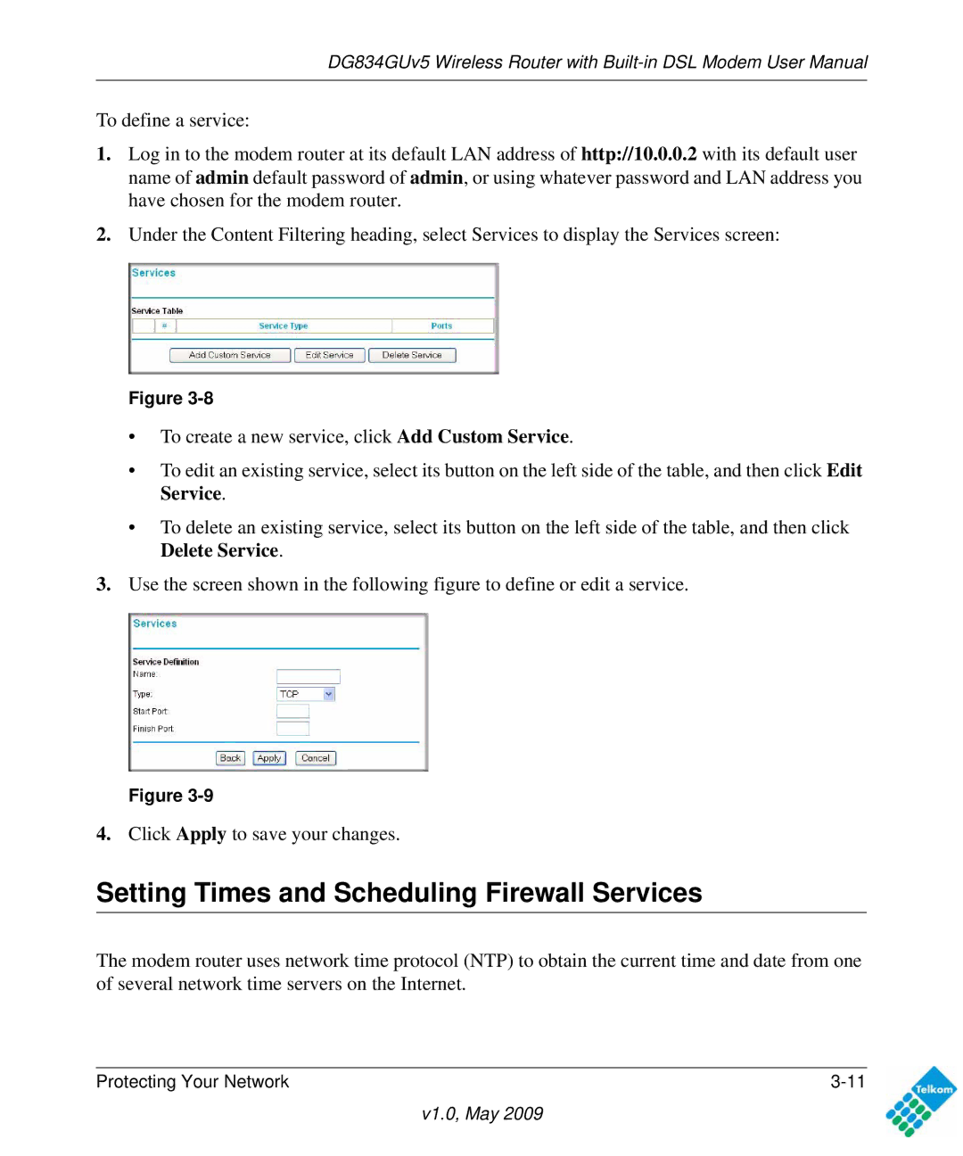 NETGEAR DG834GUV5 user manual Setting Times and Scheduling Firewall Services 