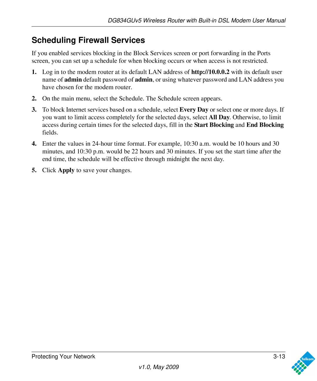 NETGEAR DG834GUV5 user manual Scheduling Firewall Services 