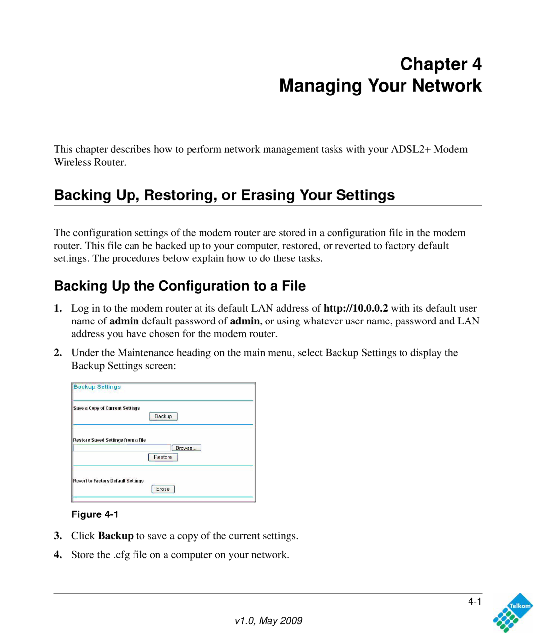 NETGEAR DG834GUV5 user manual Chapter Managing Your Network, Backing Up, Restoring, or Erasing Your Settings 