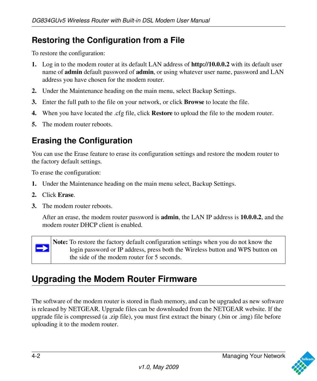 NETGEAR DG834GUV5 Upgrading the Modem Router Firmware, Restoring the Configuration from a File, Erasing the Configuration 