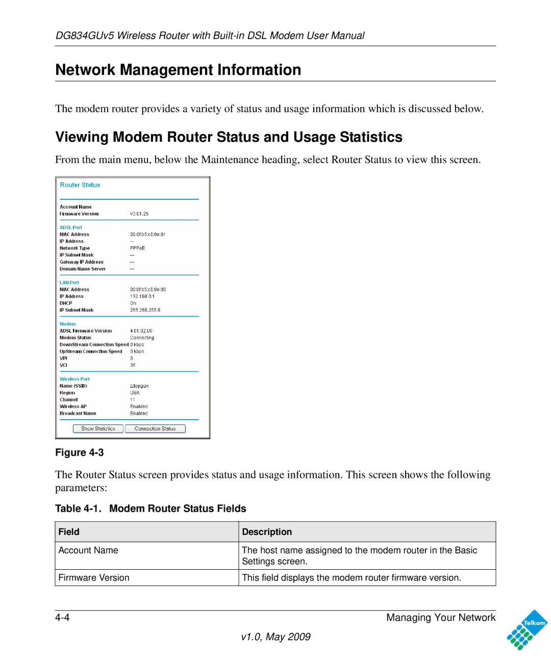 NETGEAR DG834GUV5 user manual Network Management Information, Viewing Modem Router Status and Usage Statistics 