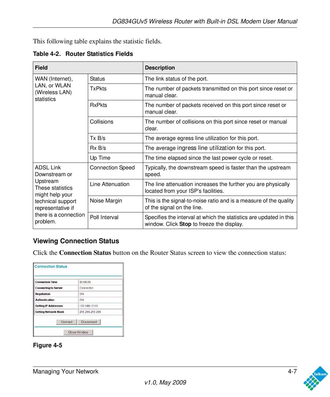 NETGEAR DG834GUV5 user manual Viewing Connection Status, Router Statistics Fields 