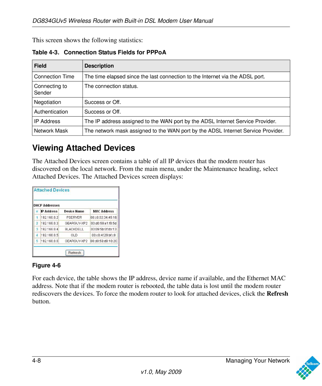 NETGEAR DG834GUV5 user manual Viewing Attached Devices, Connection Status Fields for PPPoA 