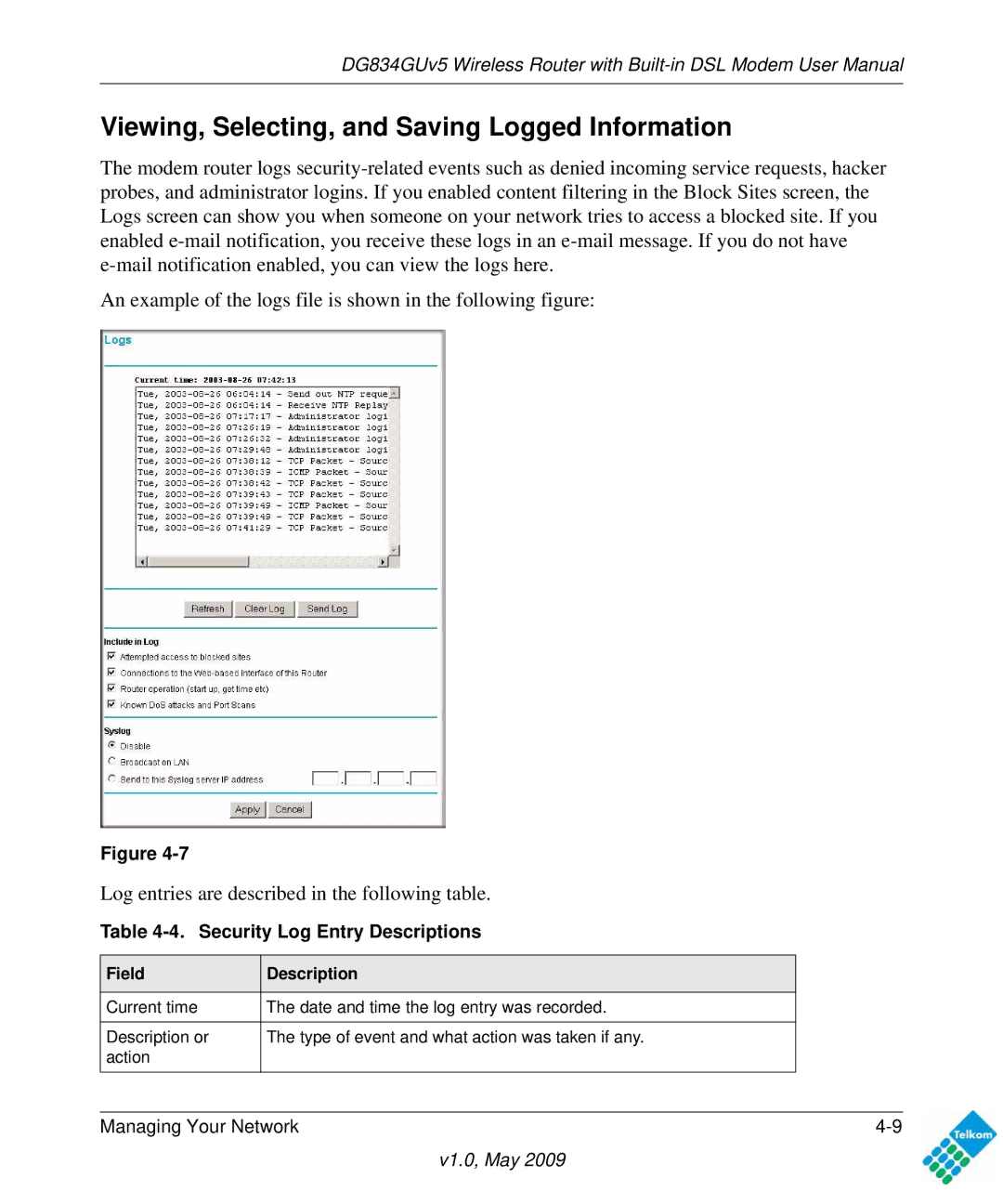 NETGEAR DG834GUV5 user manual Viewing, Selecting, and Saving Logged Information, Security Log Entry Descriptions 