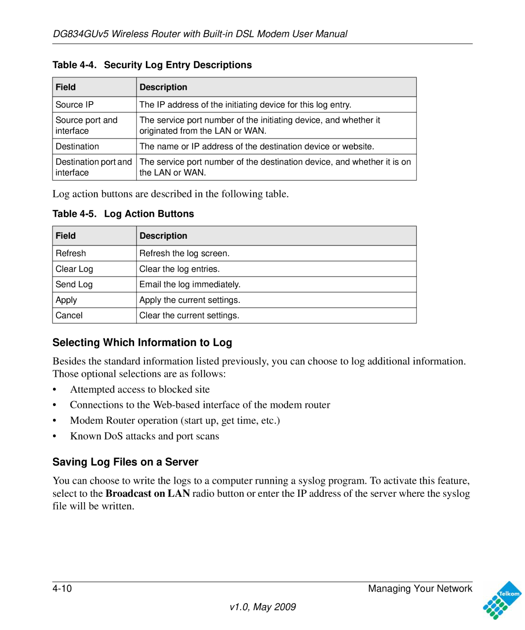 NETGEAR DG834GUV5 user manual Selecting Which Information to Log, Saving Log Files on a Server, Log Action Buttons 