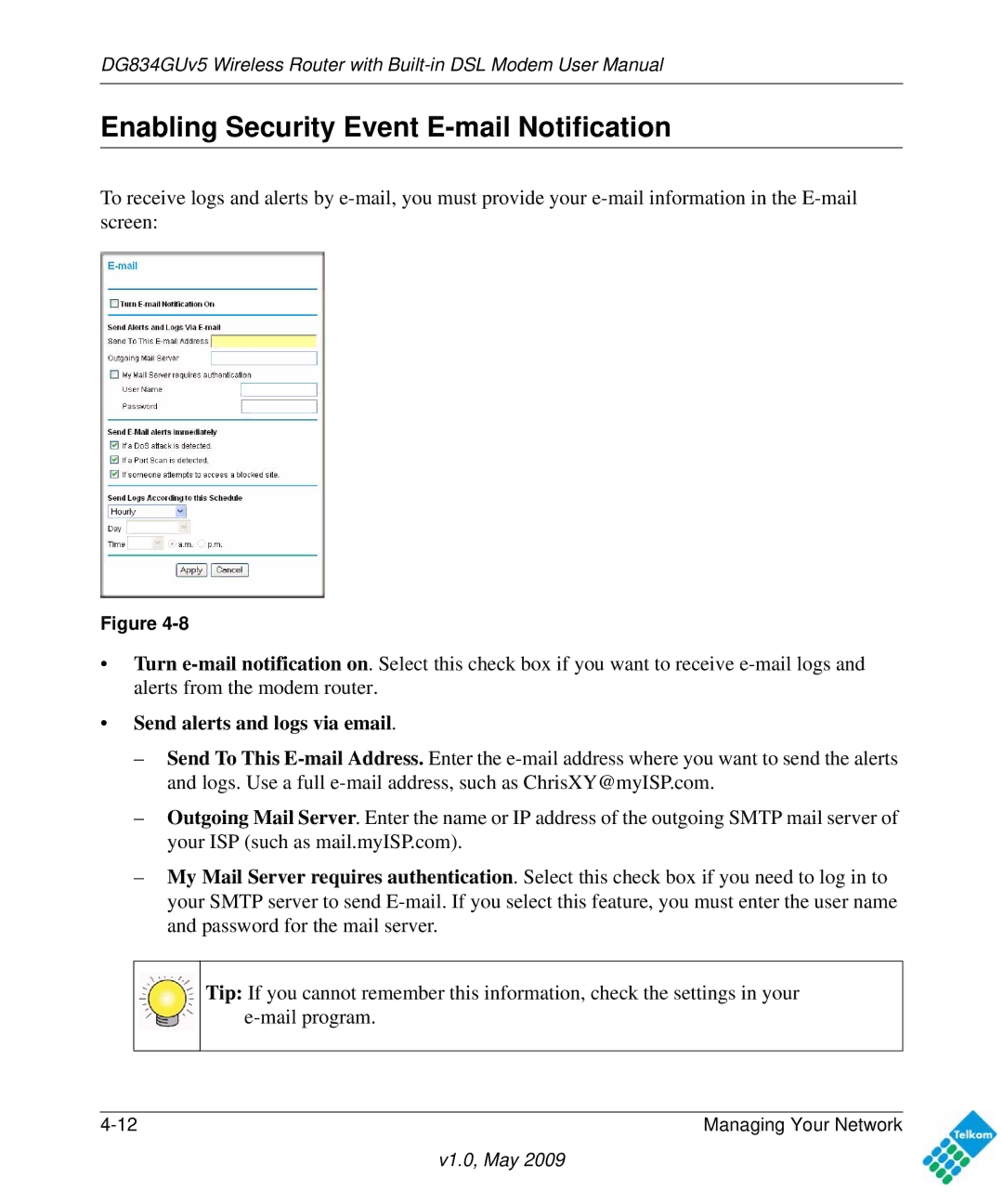 NETGEAR DG834GUV5 user manual Enabling Security Event E-mail Notification, Send alerts and logs via email 