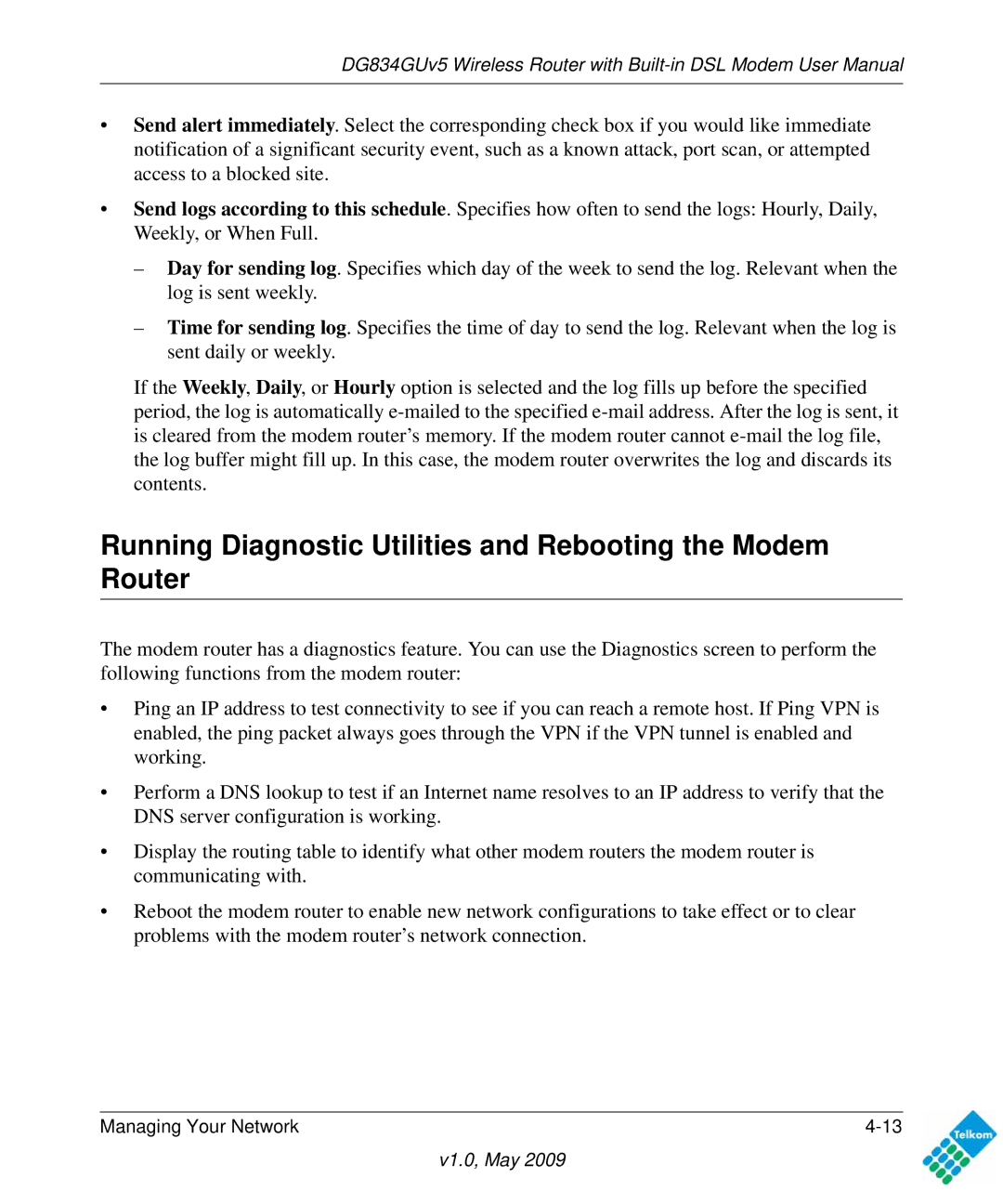 NETGEAR DG834GUV5 user manual Running Diagnostic Utilities and Rebooting the Modem Router 