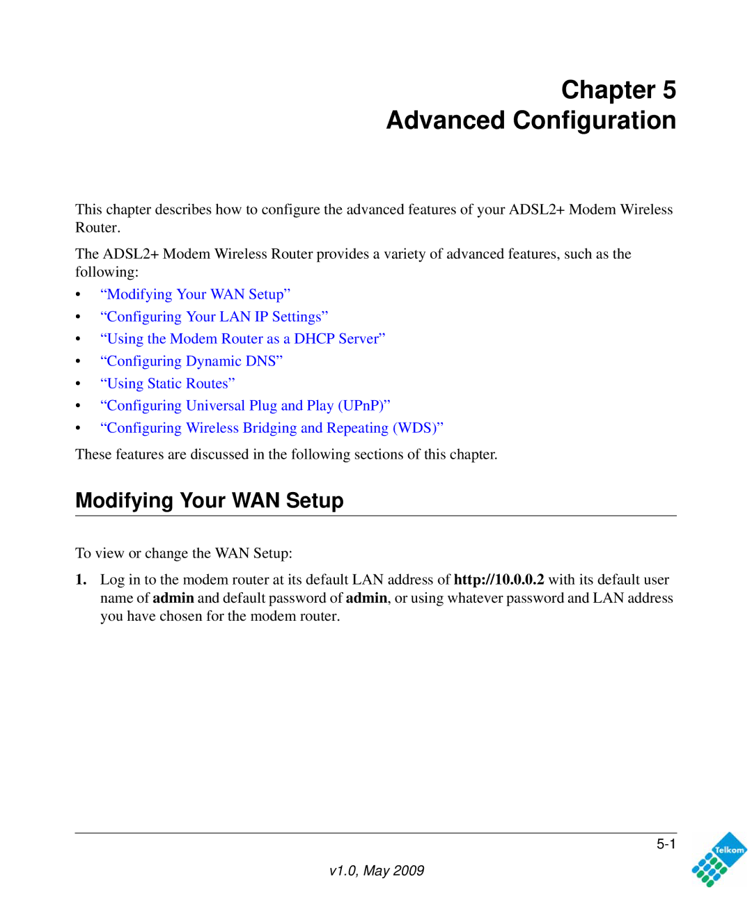 NETGEAR DG834GUV5 user manual Chapter Advanced Configuration, Modifying Your WAN Setup 