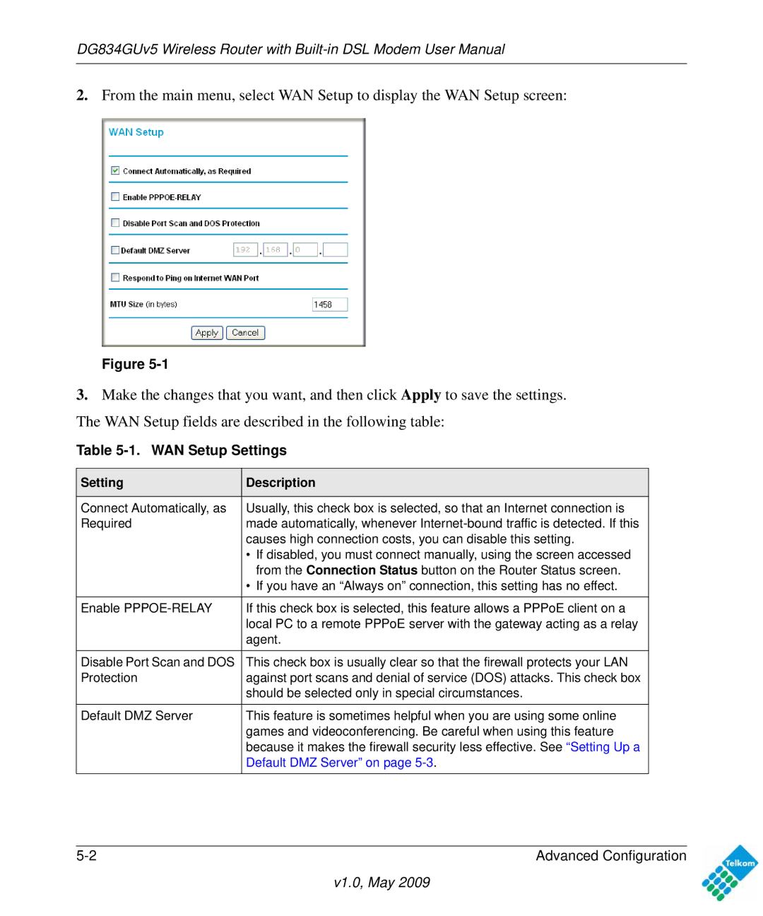 NETGEAR DG834GUV5 user manual WAN Setup Settings, Setting Description 