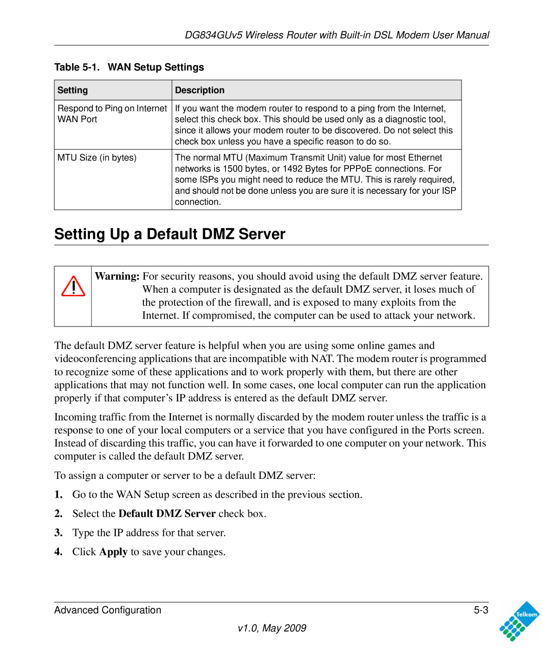 NETGEAR DG834GUV5 user manual Setting Up a Default DMZ Server 