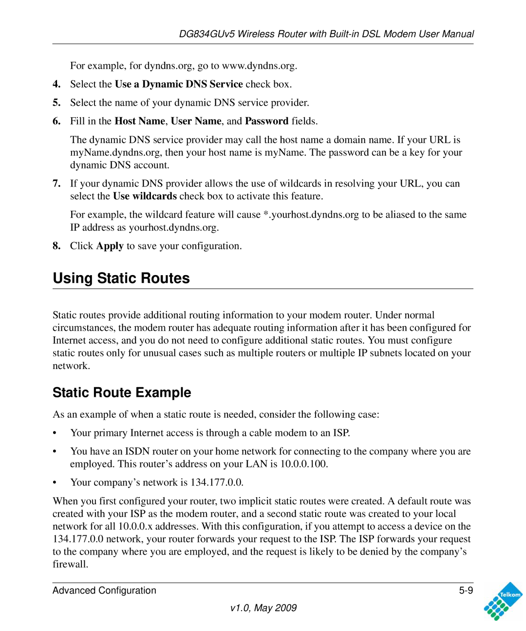 NETGEAR DG834GUV5 user manual Using Static Routes, Static Route Example, Select the Use a Dynamic DNS Service check box 