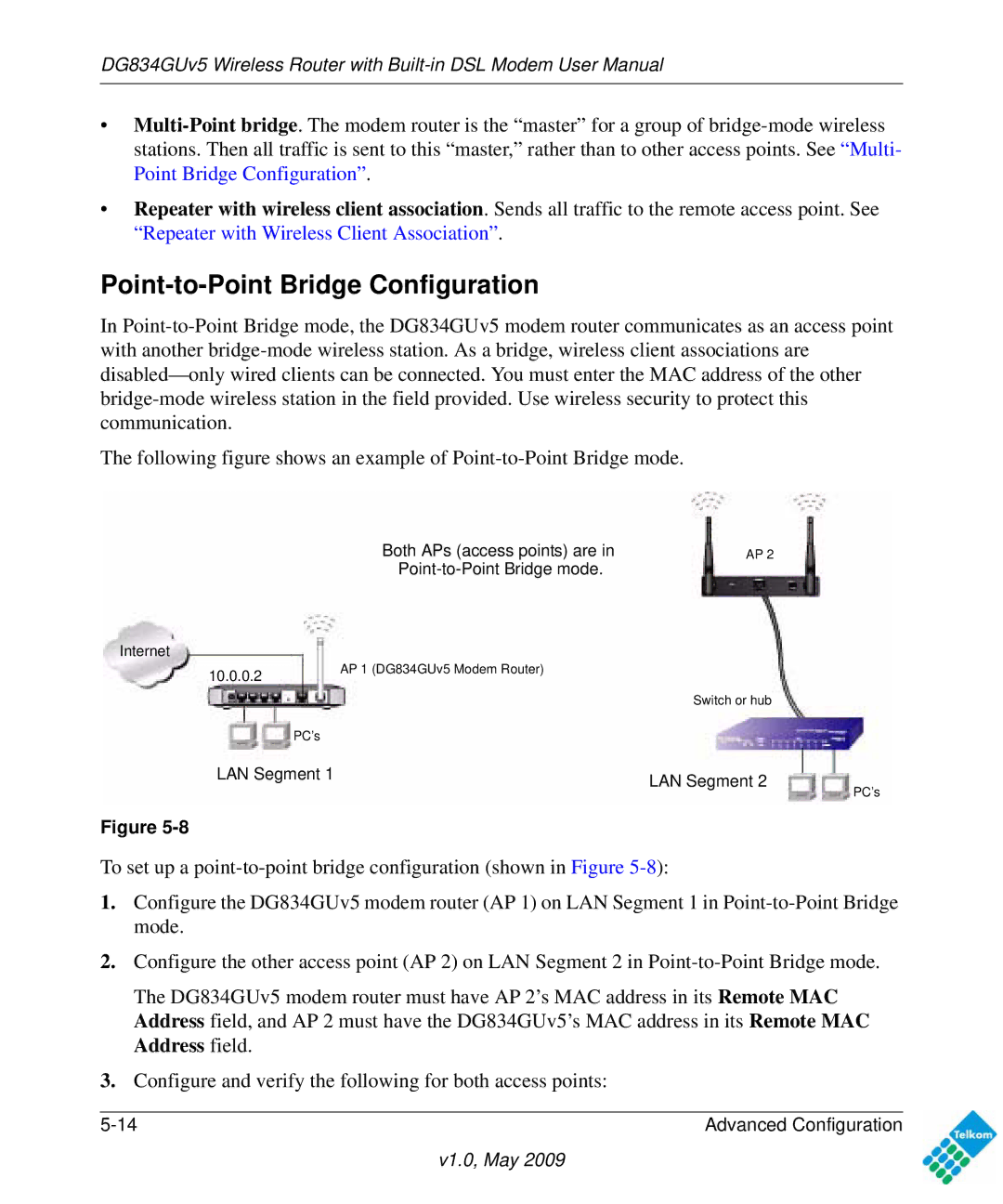 NETGEAR DG834GUV5 user manual Point-to-Point Bridge Configuration 