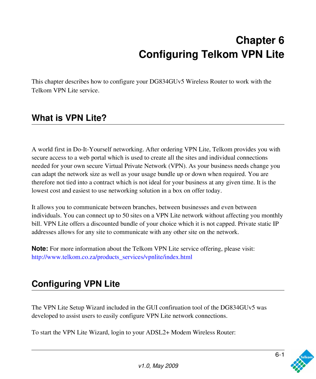 NETGEAR DG834GUV5 user manual Chapter Configuring Telkom VPN Lite, What is VPN Lite?, Configuring VPN Lite 