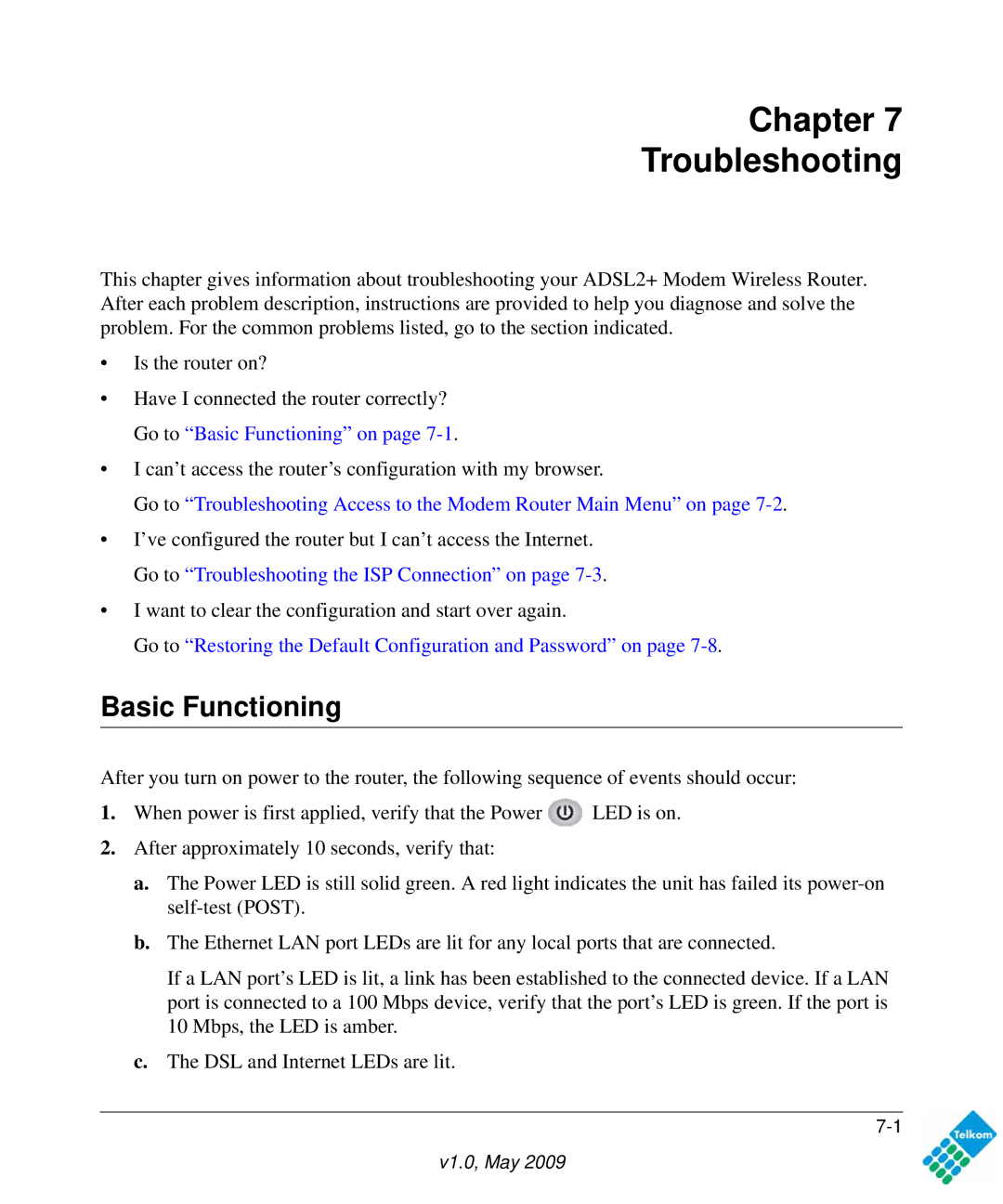 NETGEAR DG834GUV5 user manual Chapter Troubleshooting, Basic Functioning 