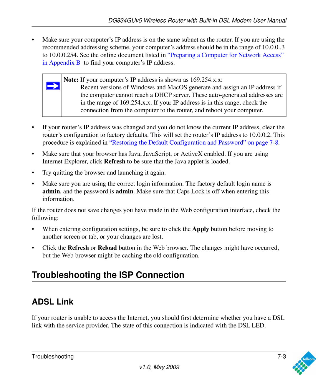 NETGEAR DG834GUV5 user manual Troubleshooting the ISP Connection, Adsl Link 