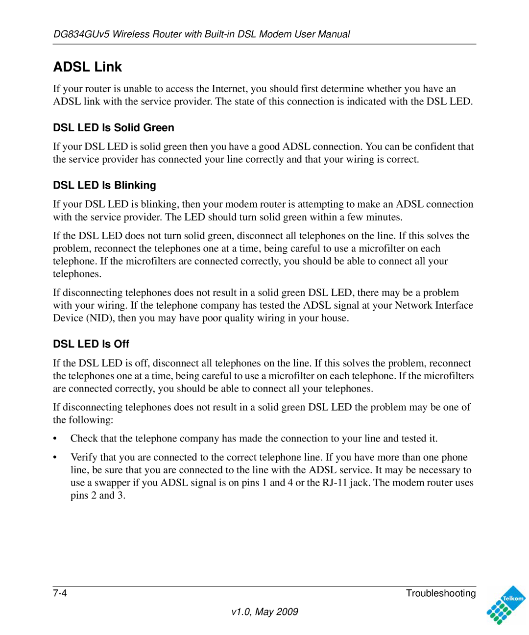 NETGEAR DG834GUV5 user manual DSL LED Is Solid Green, DSL LED Is Blinking, DSL LED Is Off 