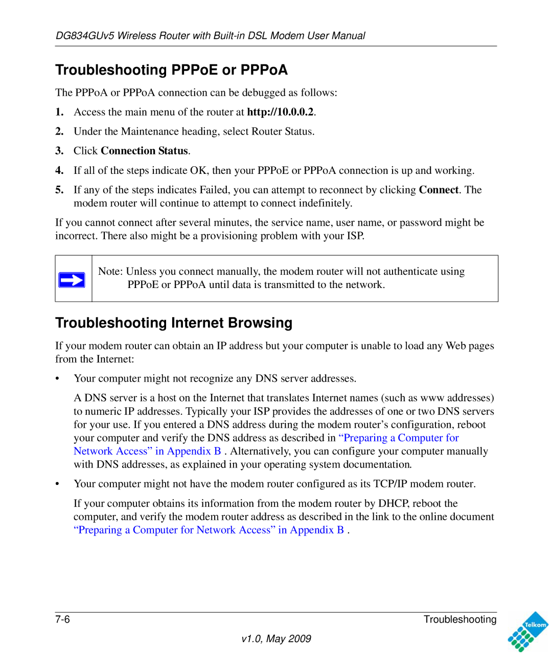 NETGEAR DG834GUV5 user manual Troubleshooting PPPoE or PPPoA, Troubleshooting Internet Browsing, Click Connection Status 