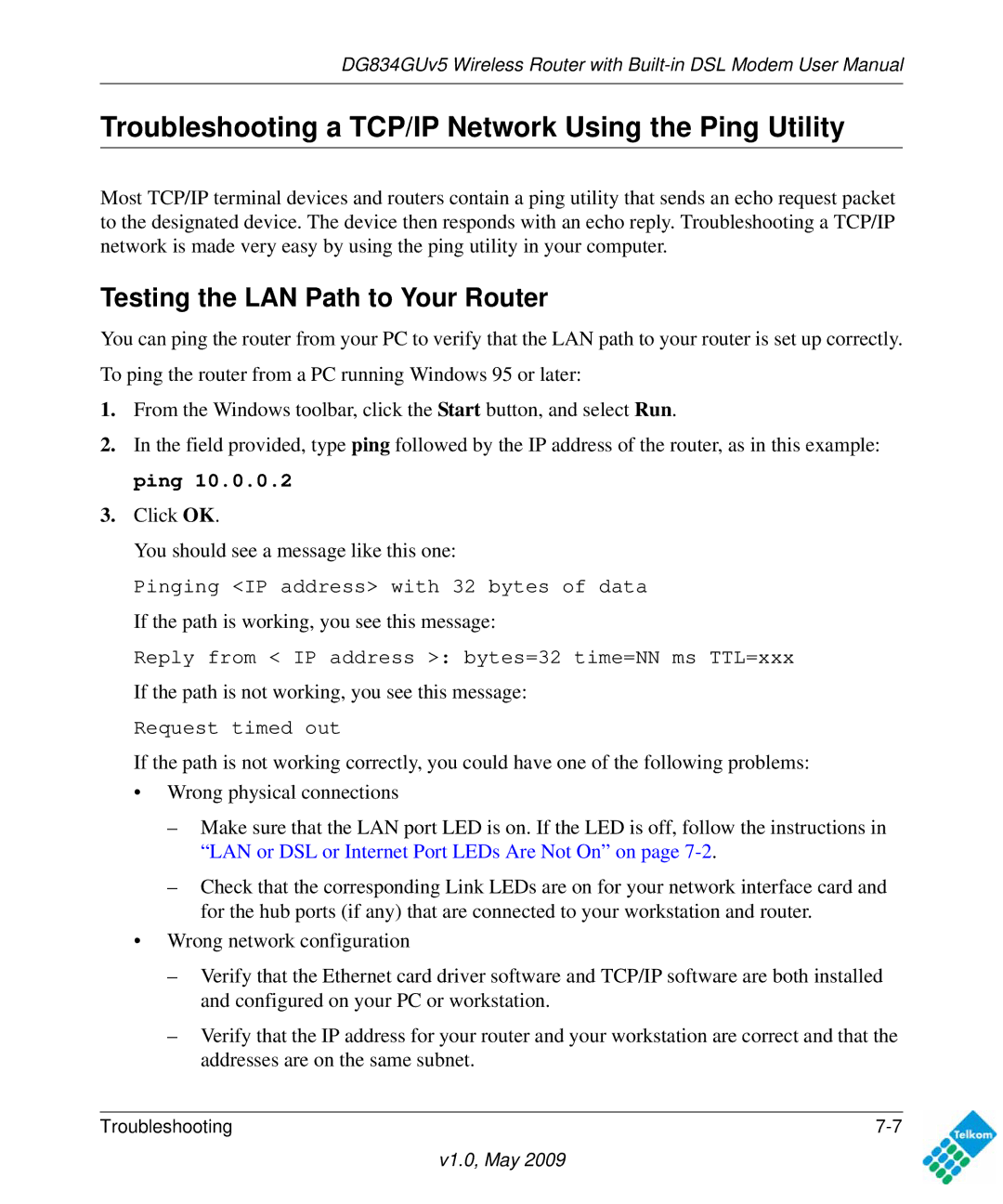 NETGEAR DG834GUV5 user manual Troubleshooting a TCP/IP Network Using the Ping Utility, Testing the LAN Path to Your Router 