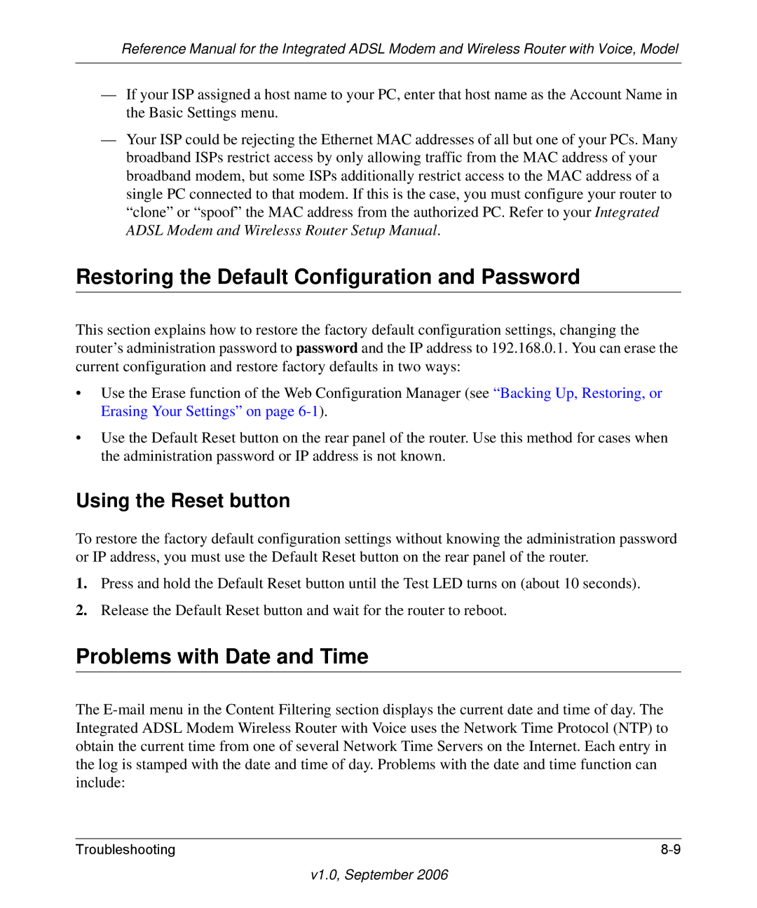 NETGEAR DG834GV v2 Restoring the Default Configuration and Password, Problems with Date and Time, Using the Reset button 