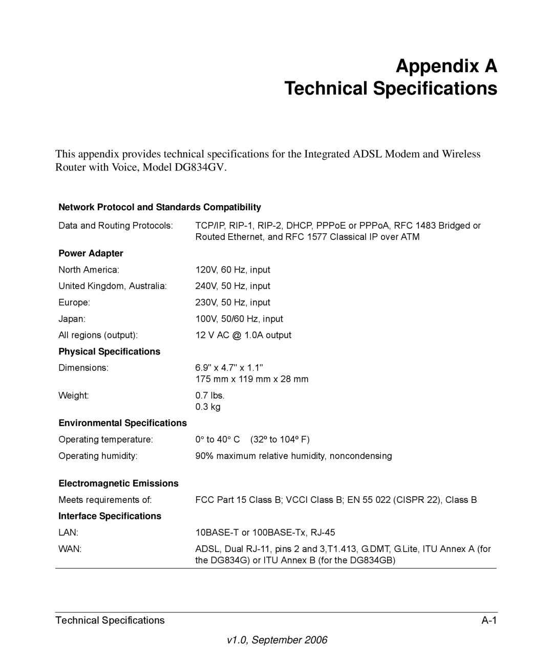 NETGEAR DG834GV v2 manual Appendix a Technical Specifications, Network Protocol and Standards Compatibility 