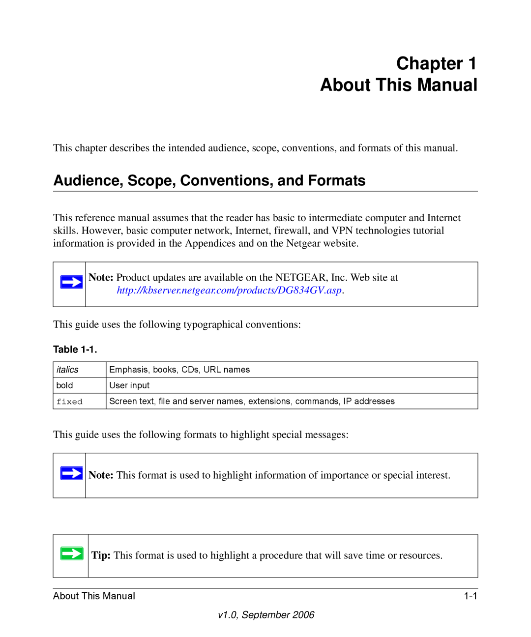 NETGEAR DG834GV v2 manual Chapter About This Manual, Audience, Scope, Conventions, and Formats 