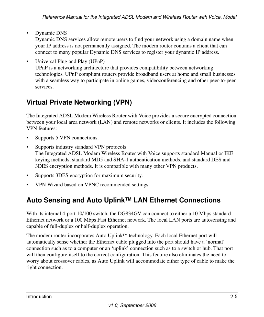 NETGEAR DG834GV v2 manual Virtual Private Networking VPN, Auto Sensing and Auto Uplink LAN Ethernet Connections 