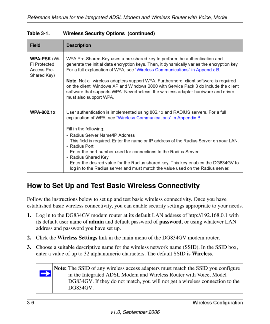 NETGEAR DG834GV v2 manual How to Set Up and Test Basic Wireless Connectivity, Field Description WPA-PSK Wi 