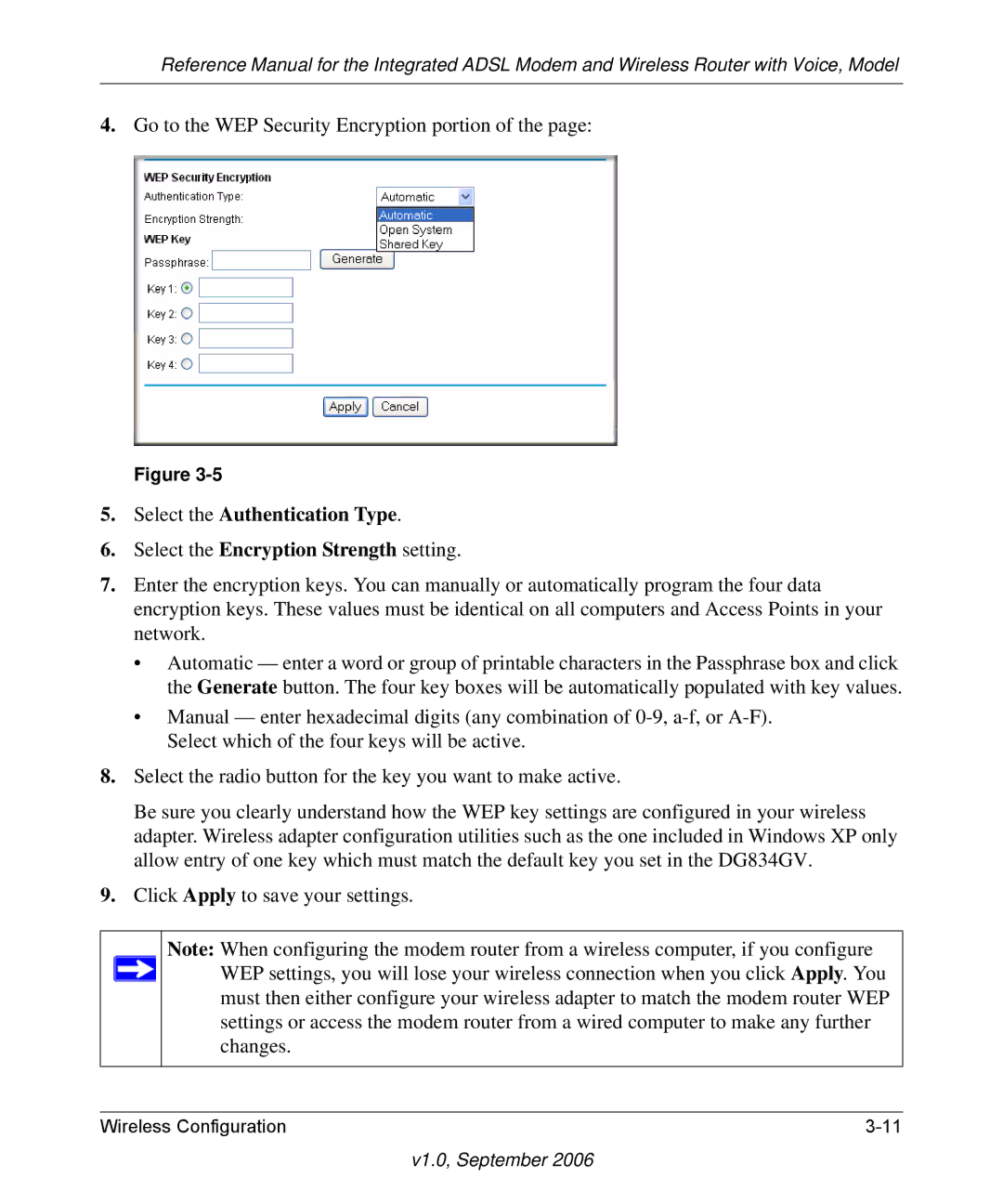 NETGEAR DG834GV v2 manual Go to the WEP Security Encryption portion 