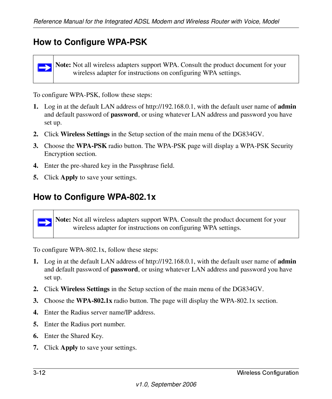 NETGEAR DG834GV v2 manual How to Configure WPA-PSK, How to Configure WPA-802.1x 