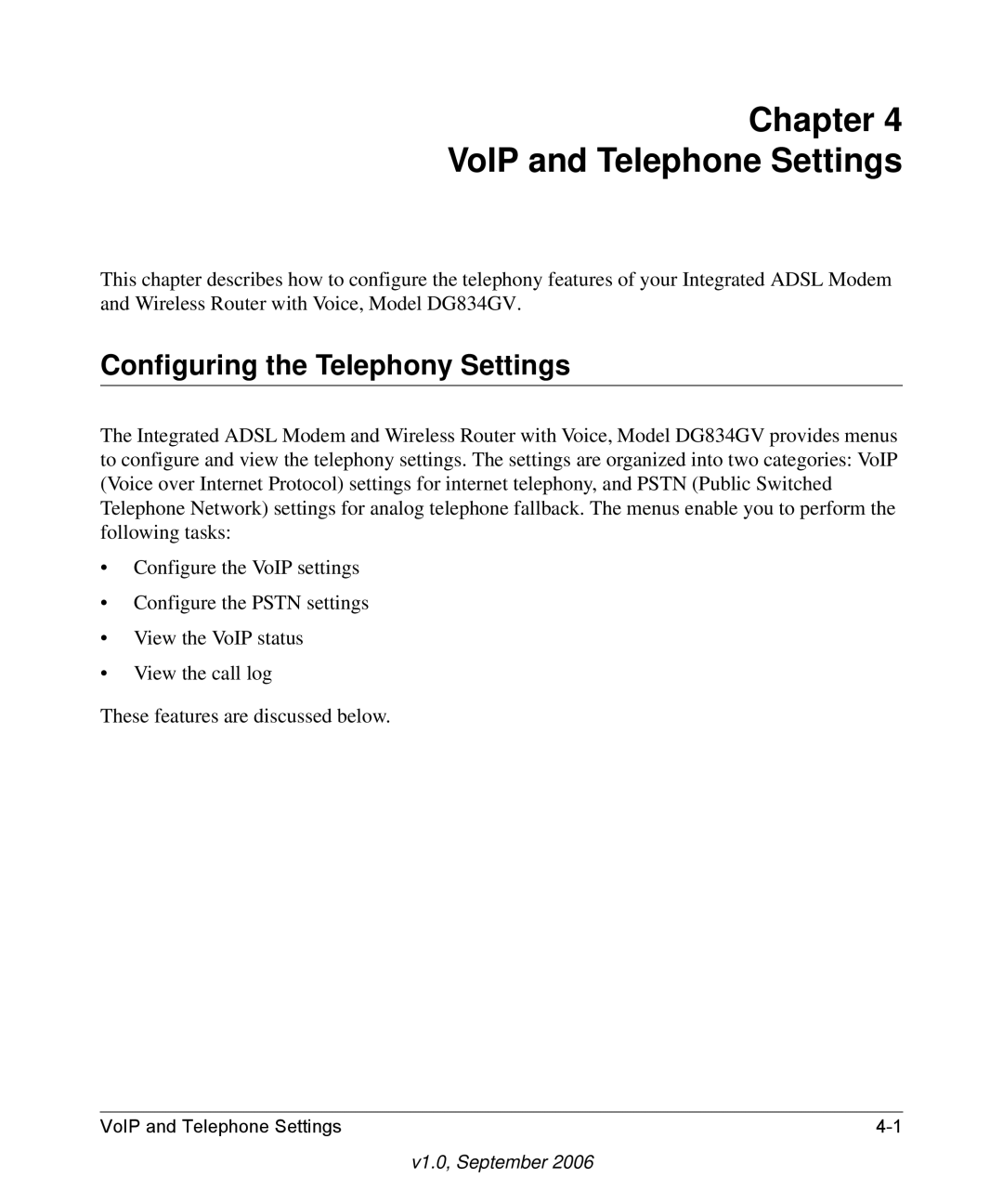 NETGEAR DG834GV v2 manual Chapter VoIP and Telephone Settings, Configuring the Telephony Settings 