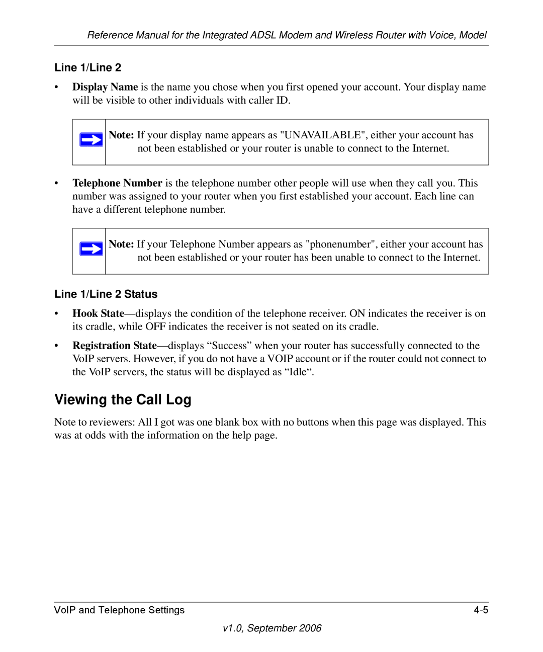 NETGEAR DG834GV v2 manual Viewing the Call Log, Line 1/Line 2 Status 