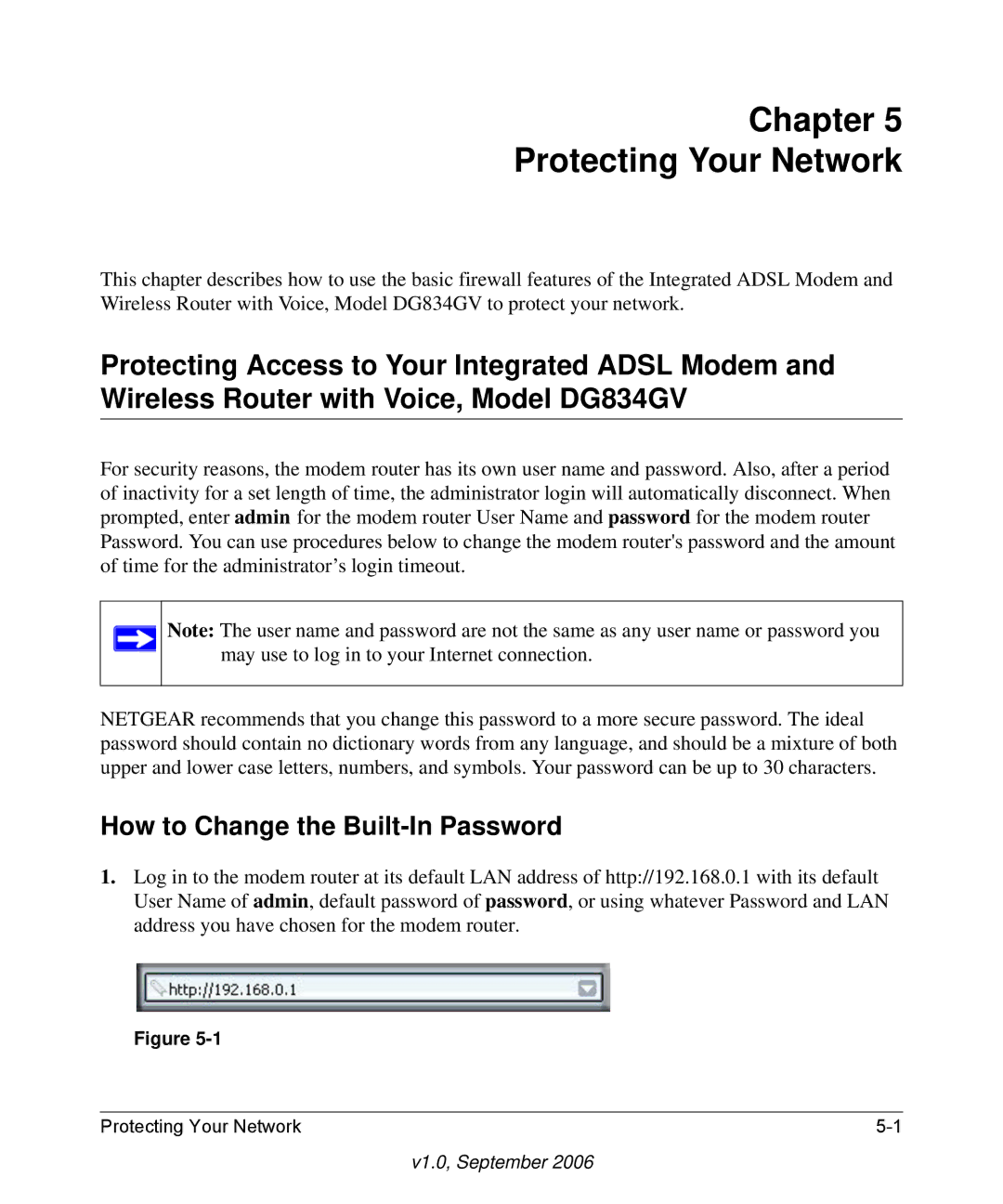 NETGEAR DG834GV v2 manual Chapter Protecting Your Network, How to Change the Built-In Password 