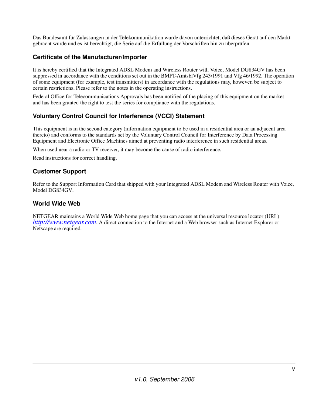 NETGEAR DG834GV v2 Certificate of the Manufacturer/Importer, Voluntary Control Council for Interference Vcci Statement 