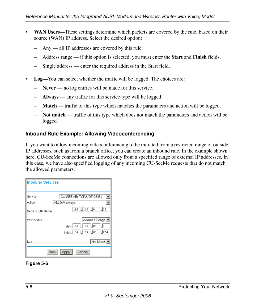 NETGEAR DG834GV v2 manual Inbound Rule Example Allowing Videoconferencing 