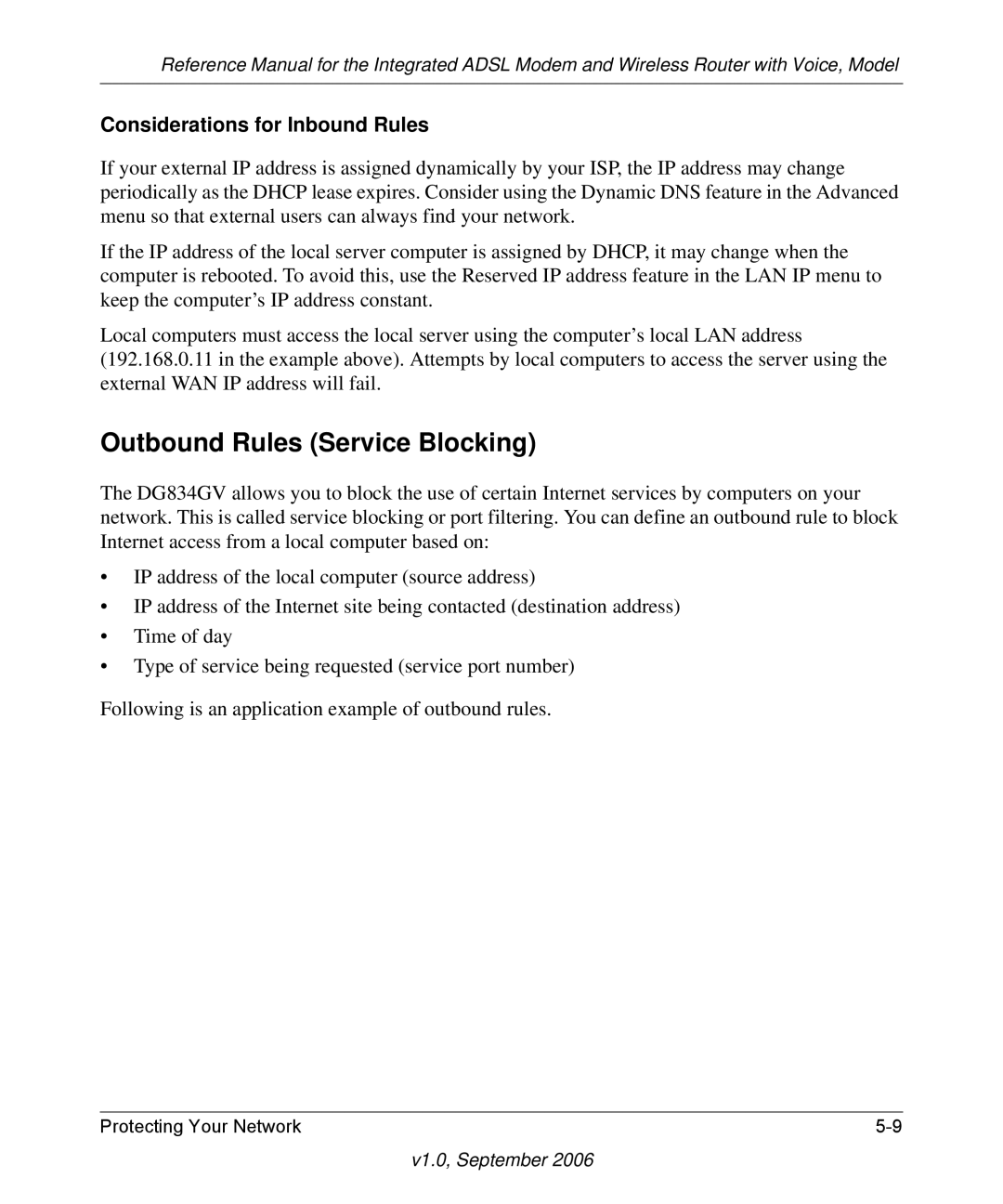 NETGEAR DG834GV v2 manual Outbound Rules Service Blocking, Considerations for Inbound Rules 