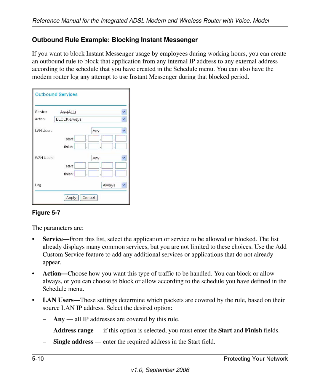 NETGEAR DG834GV v2 manual Outbound Rule Example Blocking Instant Messenger 