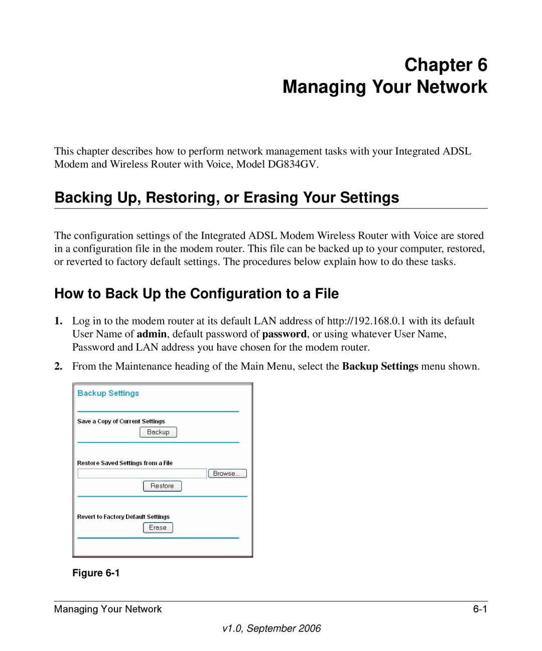 NETGEAR DG834GV v2 manual Chapter Managing Your Network, Backing Up, Restoring, or Erasing Your Settings 