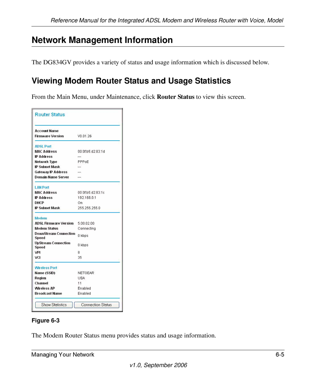 NETGEAR DG834GV v2 manual Network Management Information, Viewing Modem Router Status and Usage Statistics 