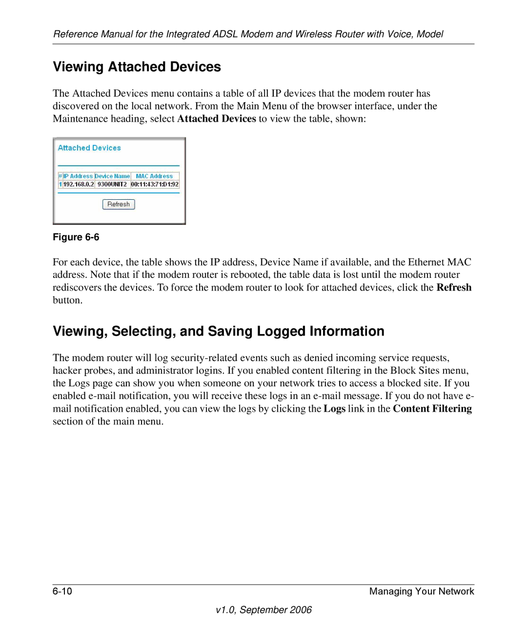 NETGEAR DG834GV v2 manual Viewing Attached Devices, Viewing, Selecting, and Saving Logged Information 