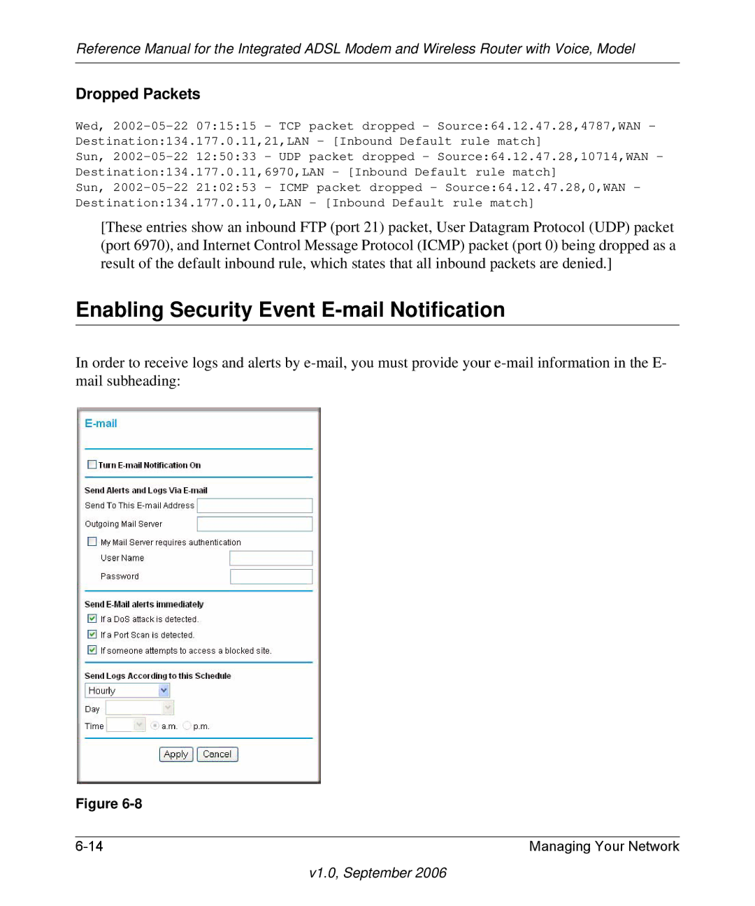 NETGEAR DG834GV v2 manual Enabling Security Event E-mail Notification, Dropped Packets 