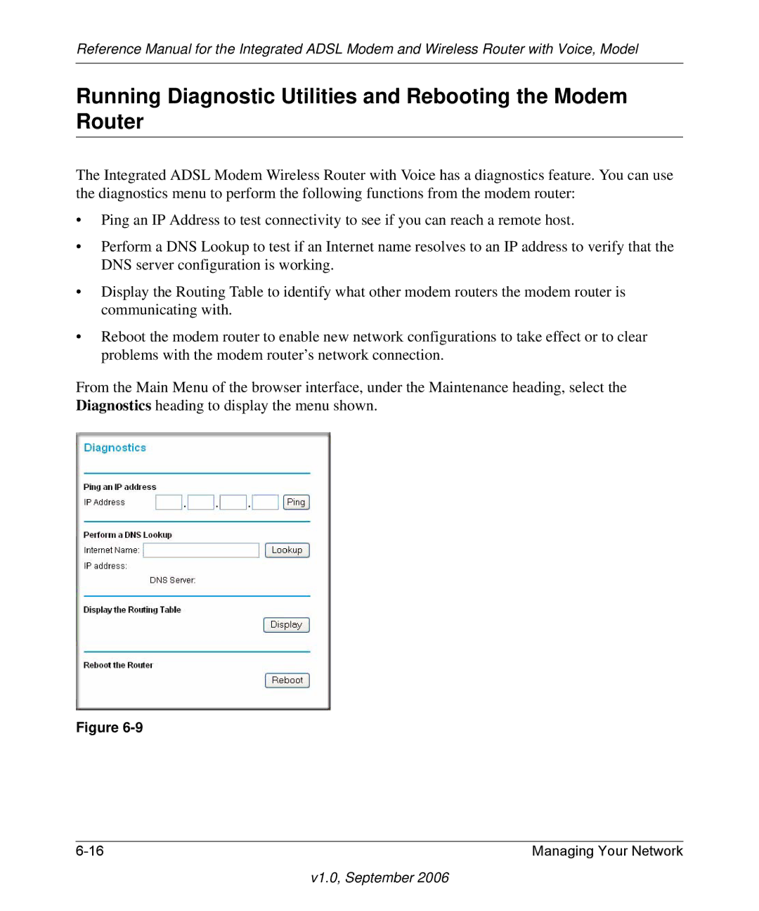 NETGEAR DG834GV v2 manual Running Diagnostic Utilities and Rebooting the Modem Router 