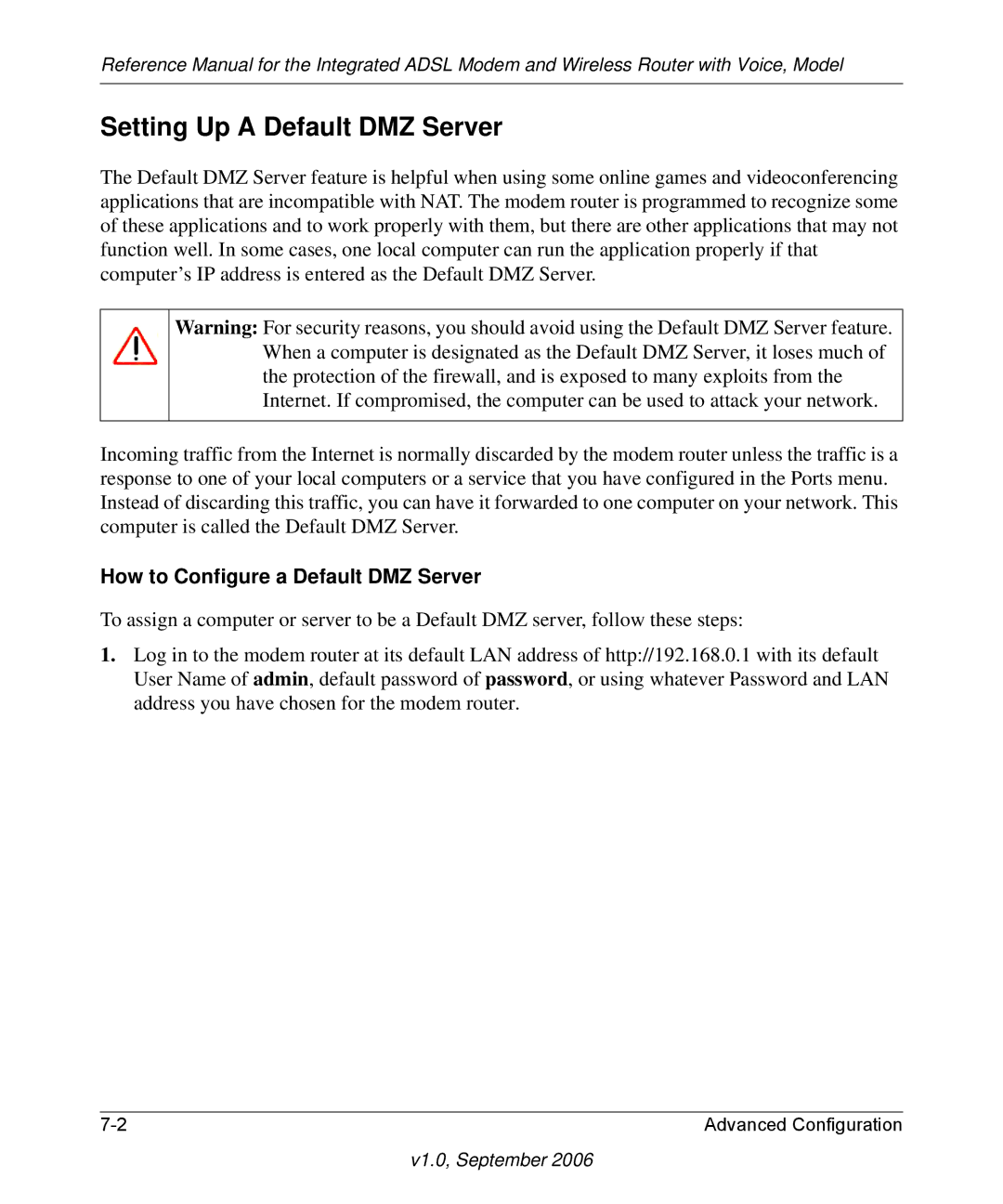 NETGEAR DG834GV v2 manual Setting Up a Default DMZ Server, How to Configure a Default DMZ Server 