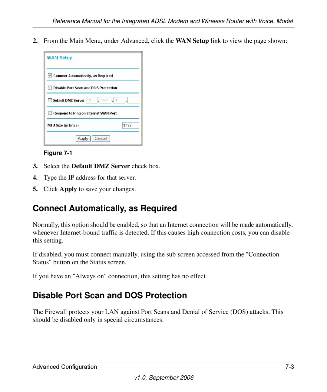 NETGEAR DG834GV v2 manual Connect Automatically, as Required, Disable Port Scan and DOS Protection 