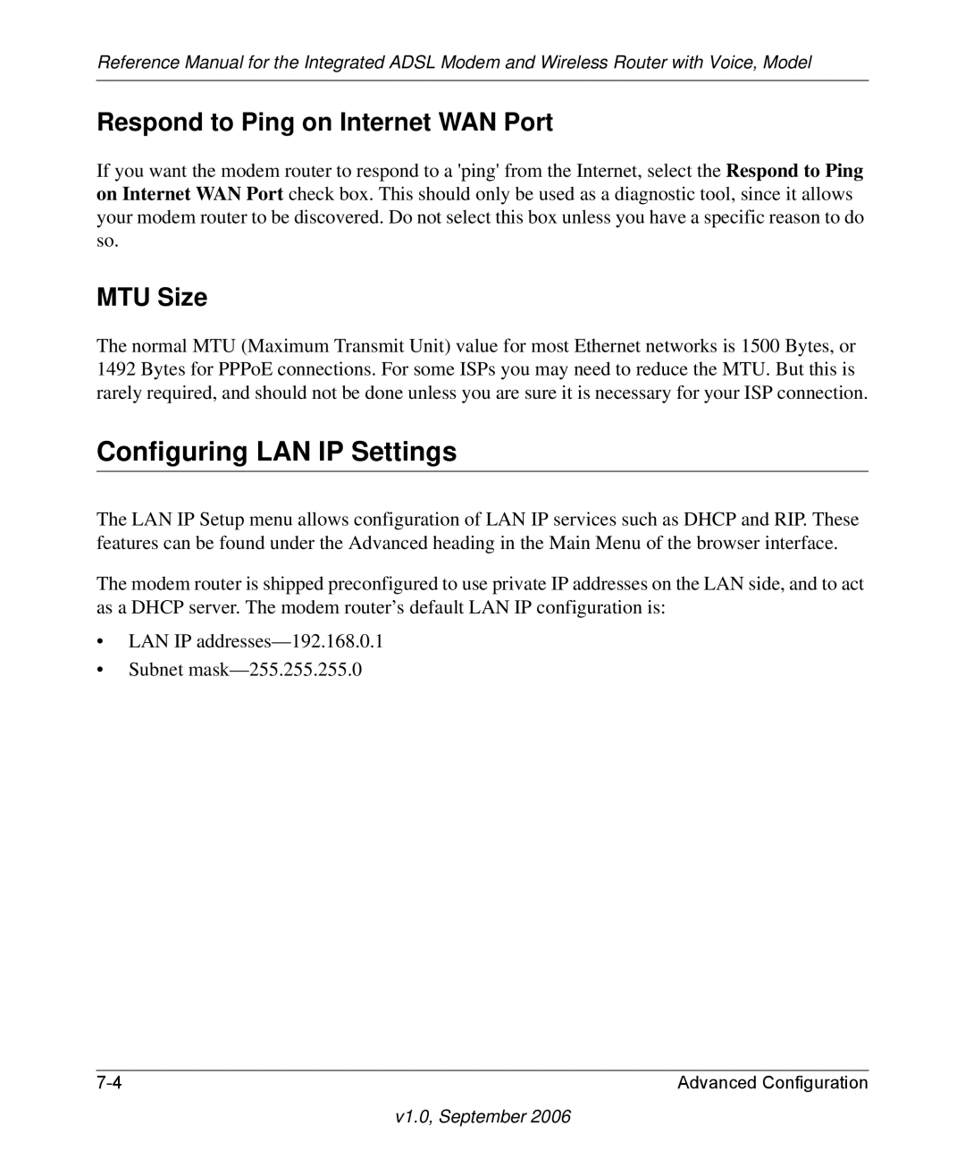 NETGEAR DG834GV v2 manual Configuring LAN IP Settings, Respond to Ping on Internet WAN Port, MTU Size 