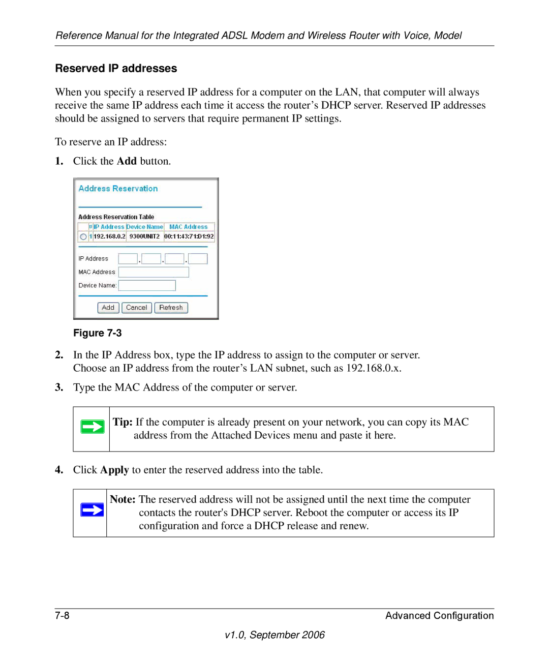 NETGEAR DG834GV v2 manual Reserved IP addresses 