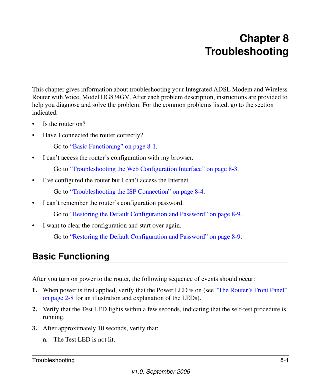 NETGEAR DG834GV v2 manual Chapter Troubleshooting, Basic Functioning 